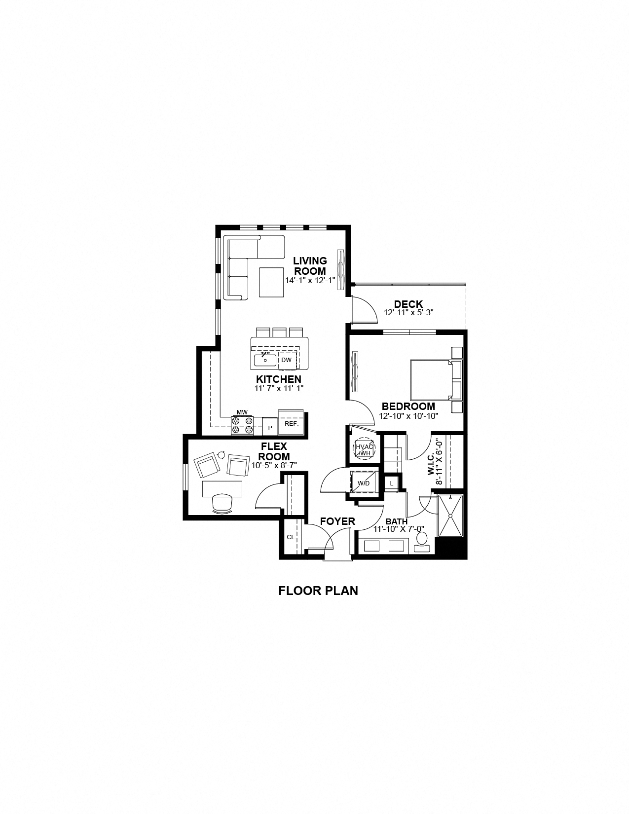 Floor plan for 1 bed, 1 bath, 870 sqft